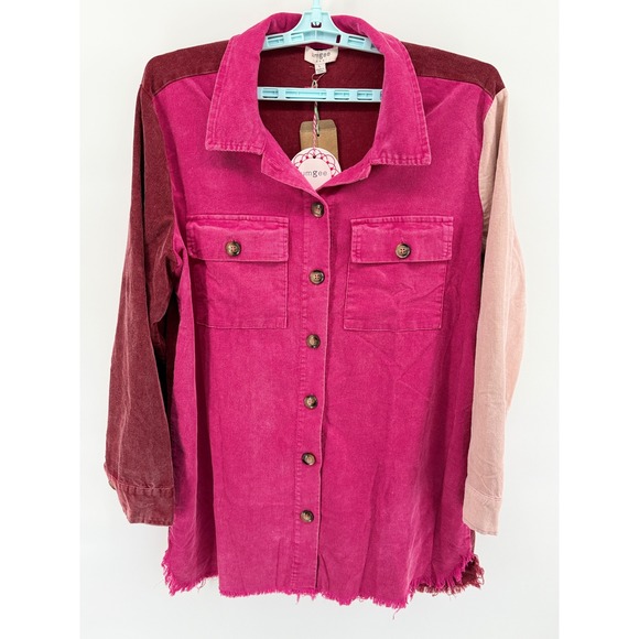 Umgee USA Tops - Umgee Color Block Corduroy Raw Hem Shirt Shacket Pink Burgundy Size L Boho